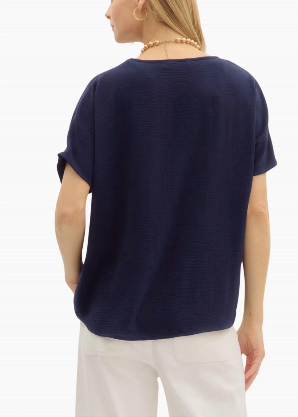 Dana V-Neck Short Sleeve Pullover Top In Navy