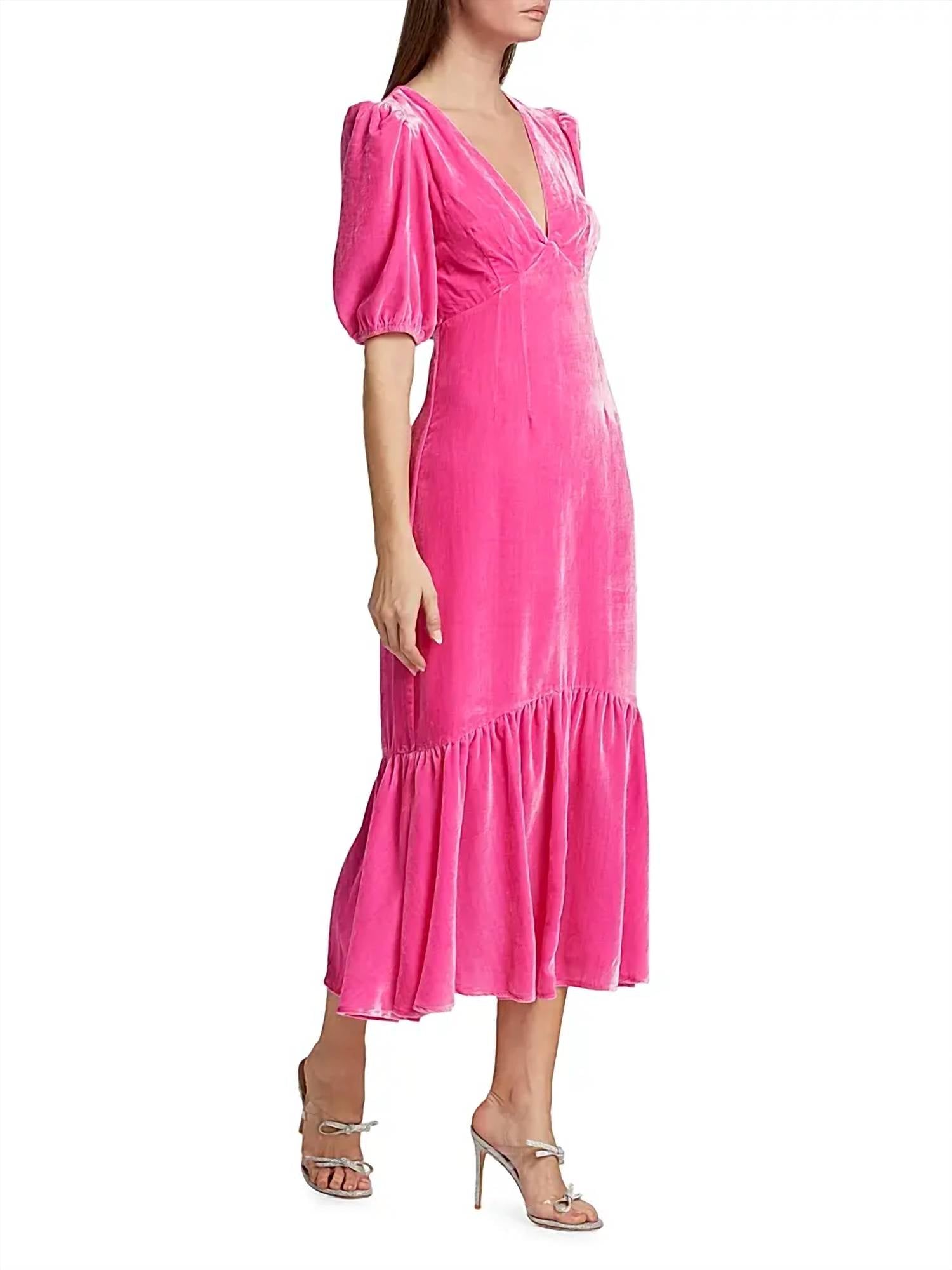 Ester Puff-Sleeve Velvet Midi-Dress In Pink