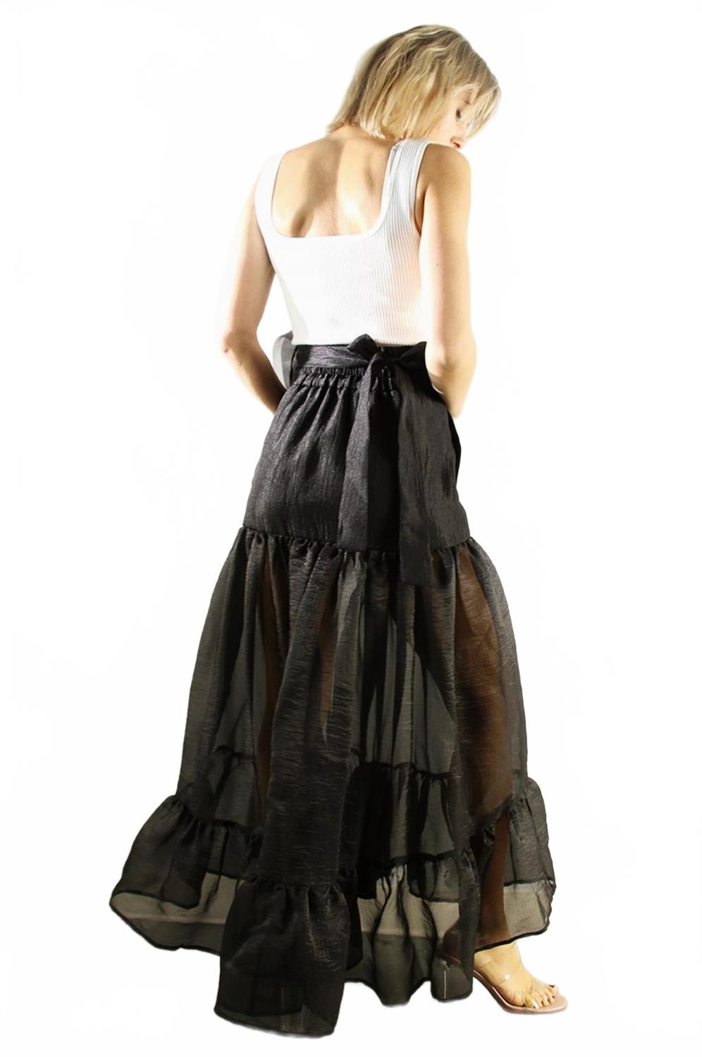 Flower Belt Organza Maxi Skirt In Black