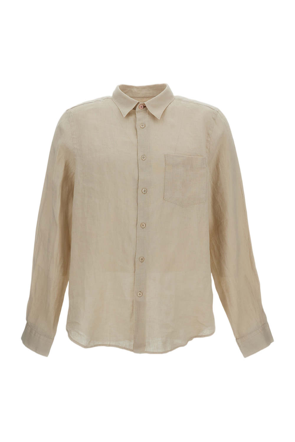Beige Linen Shirt With Pointed Collar And Patch Pocket