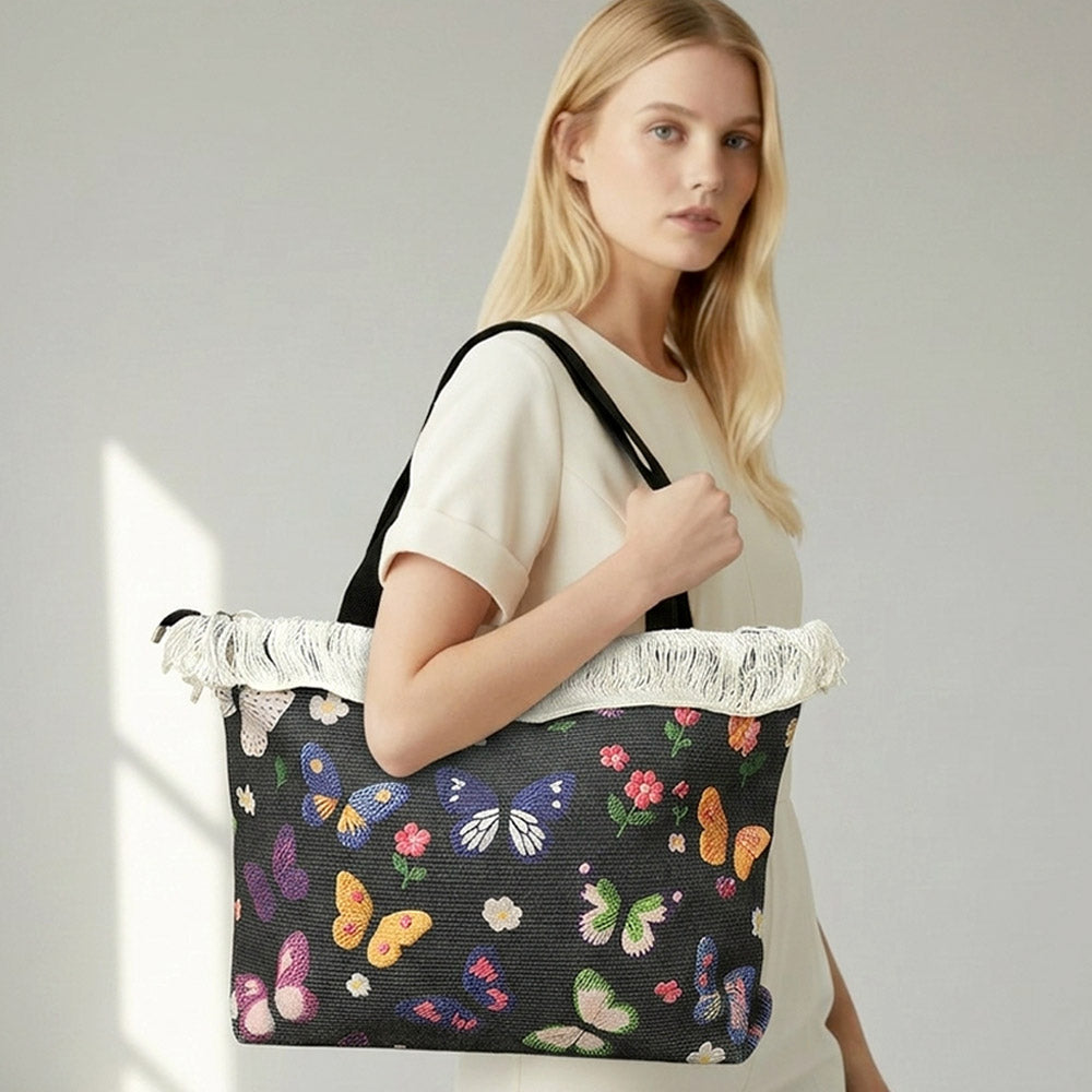 Butterfly Pattern Print Large Woven Frayed Shoulder Tote Bag