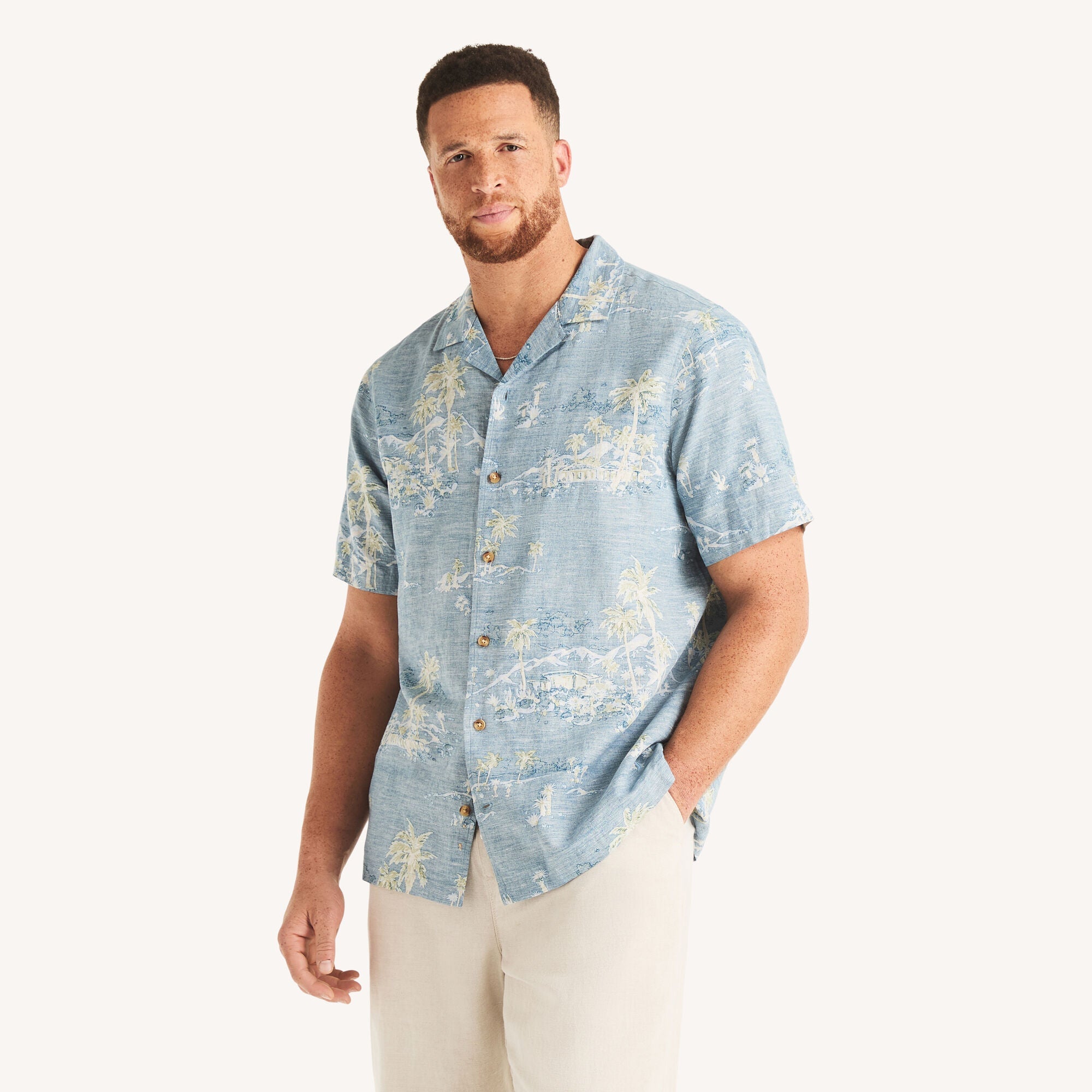 Nautica Mens Big & Tall Printed Short-Sleeve Camp Linen Shirt