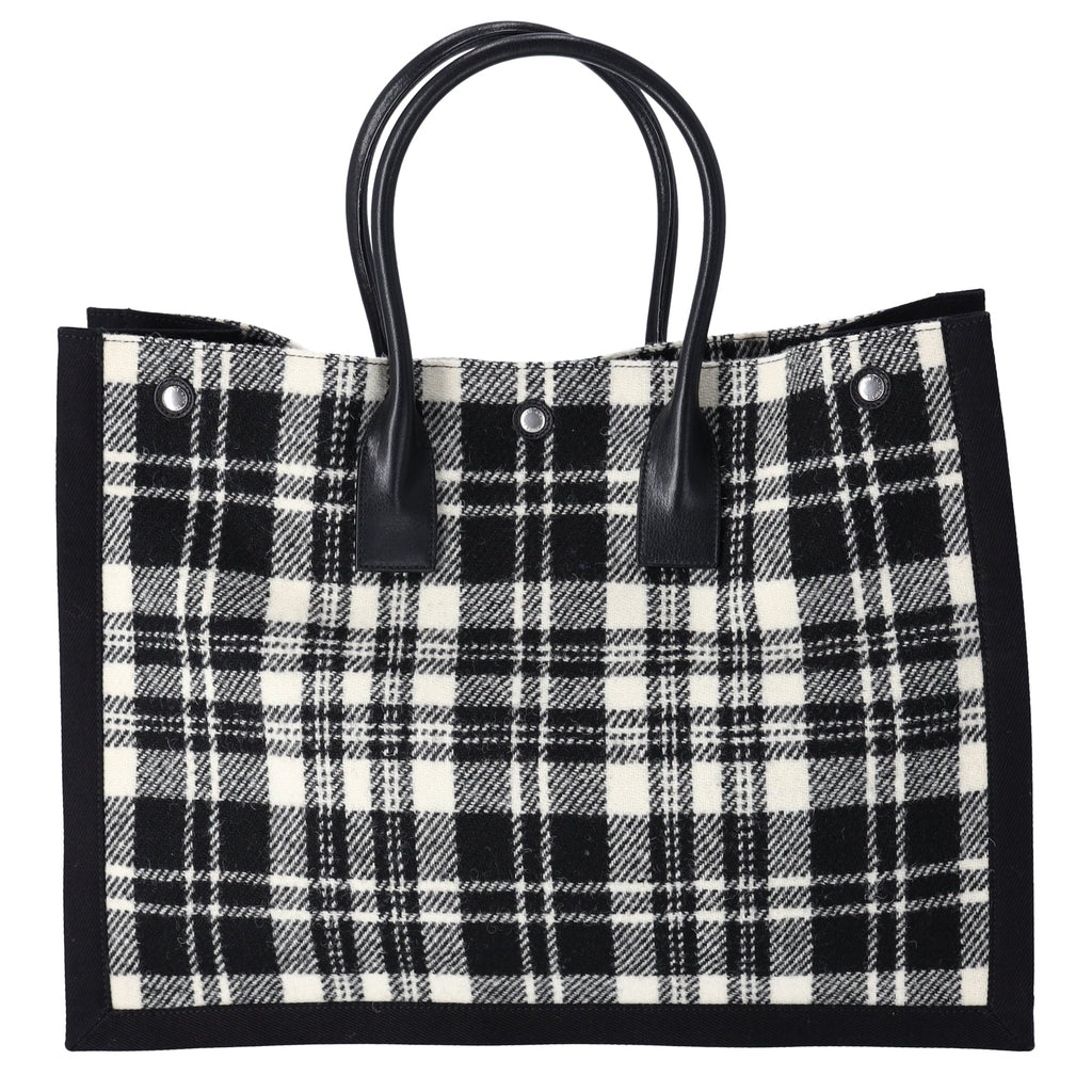 Saint Laurent Rive Gauche Tote Bag 499290 Black White Plaid Wool Leather