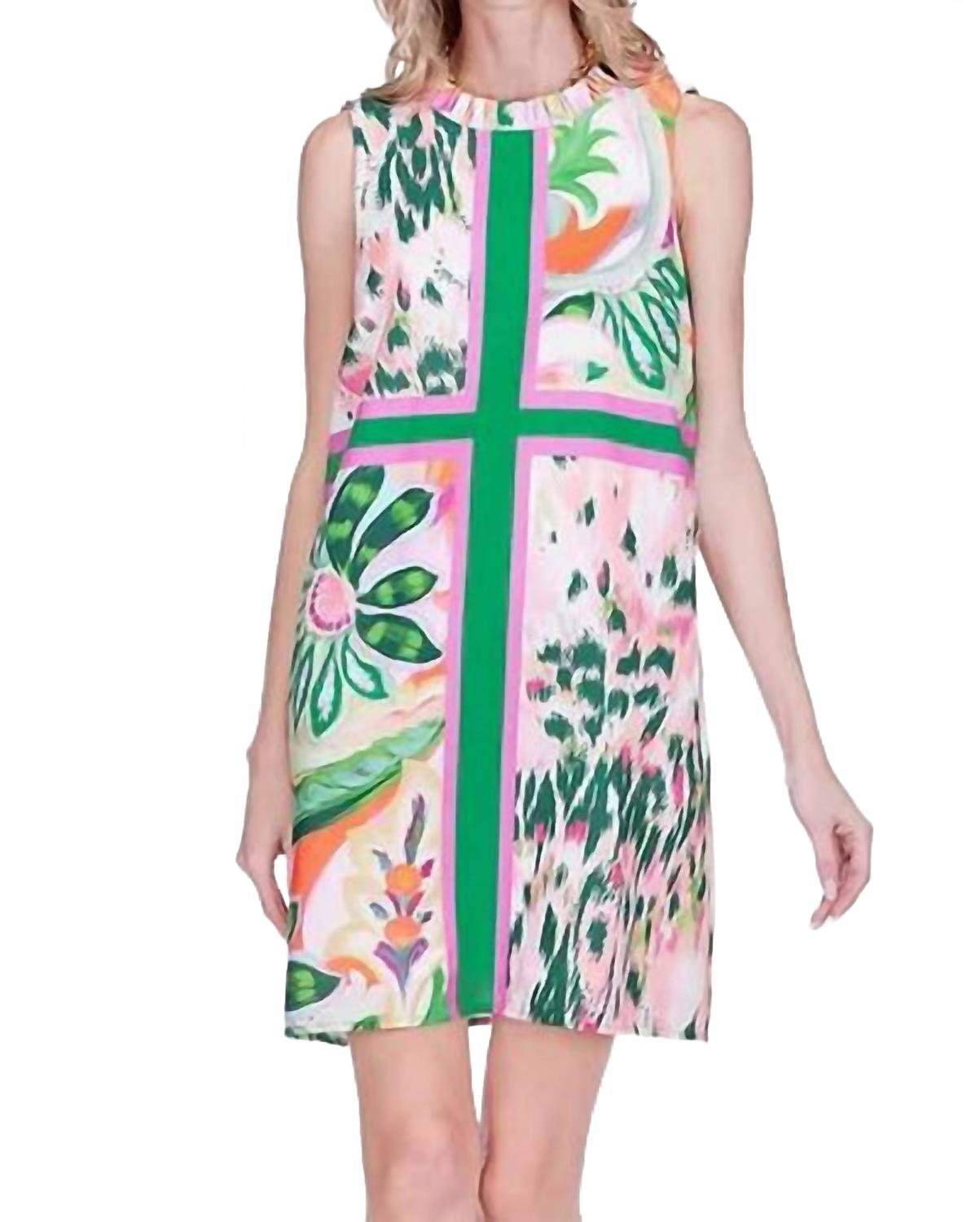 Ruffles Neck Mini Dress In Patchwork Garden