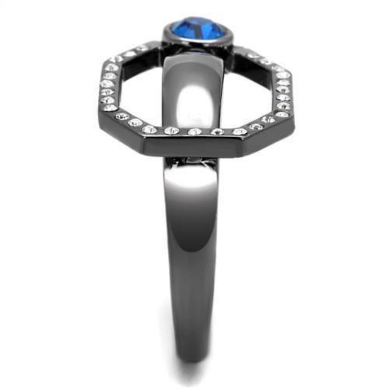 IP Light Black Stainless Steel Ring with Top Grade Crystal in Capri Blue