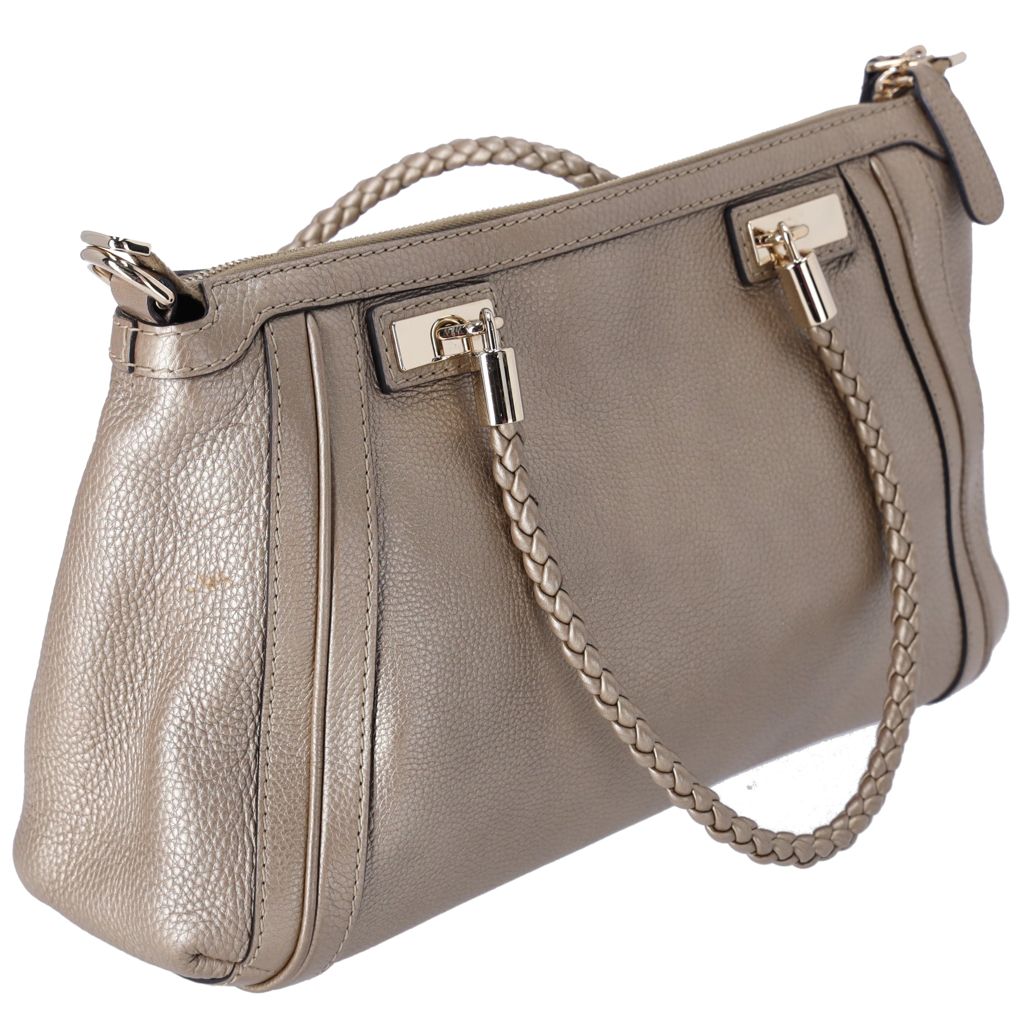 GUCCI Bella Handbag 282300 Gold Leather Braided Handles