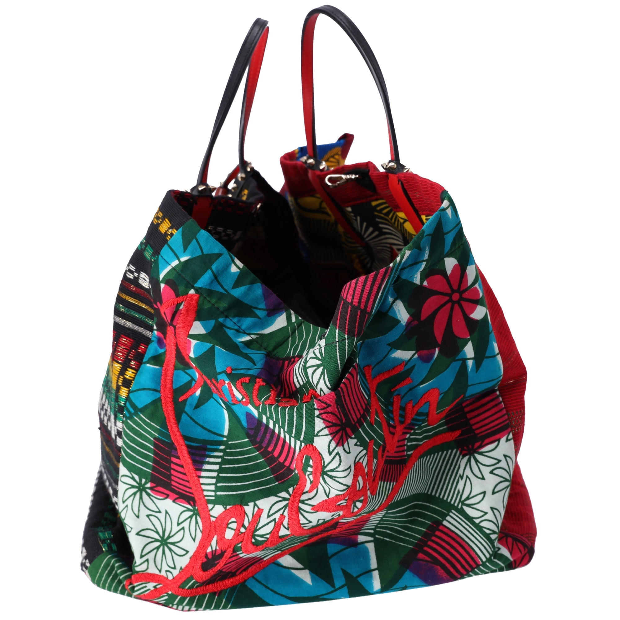 Christian Louboutin Africaba Tote Bag Black Red Multi Jacquard Cotton Leather
