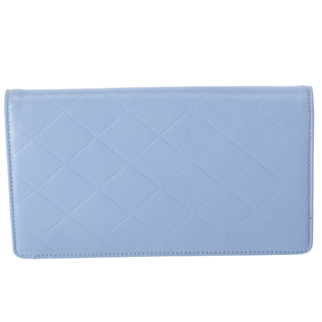 CHANEL Long Bifold Wallet Light Blue Leather Logo
