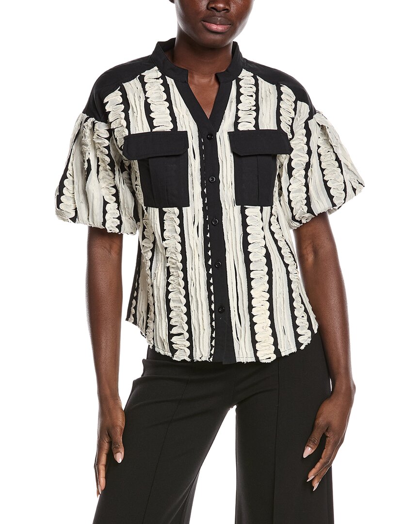 Gracia Embroidered Band V-Neck Puffed Sleeve Top