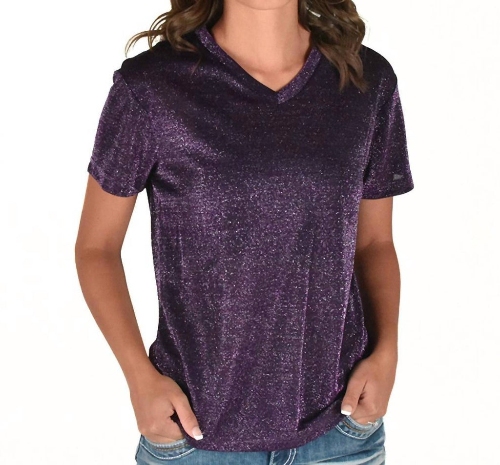 Short Sleeve V Neck Shimmer Top In Purple