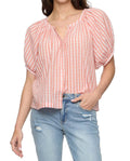 Carolina Pucker Short Sleeve Button Front Peasent Blouse In Pink Plaid