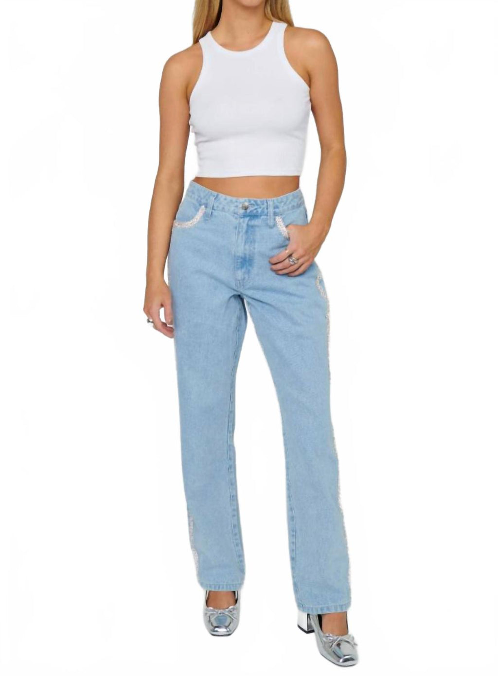 Icon Straight Leg Jeans In Indigo Rhinestone Trim