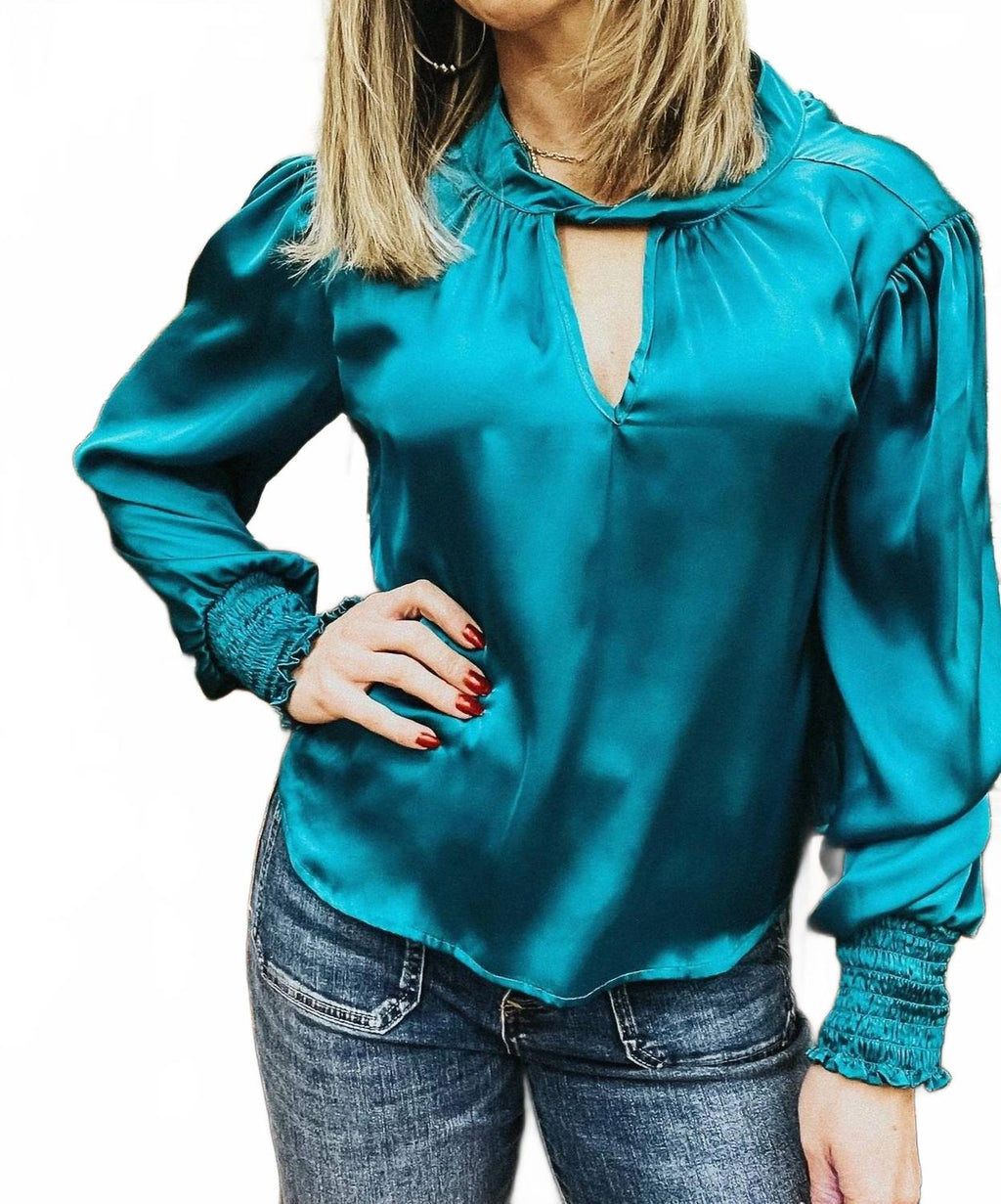 Twist Neck Long Sleeve Blouse In Teal