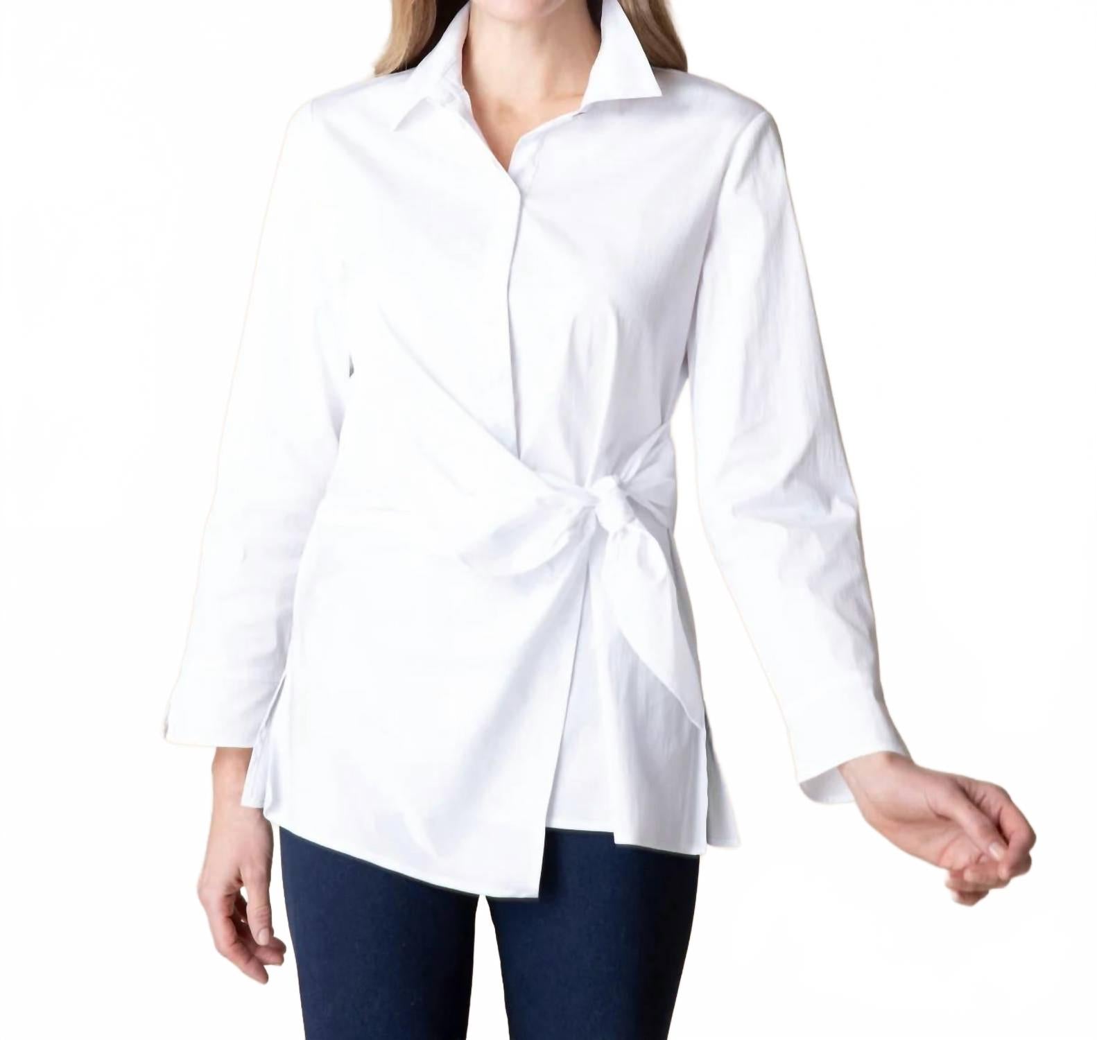 Collared Partial Button Down Shirt With Front Side Tie In White