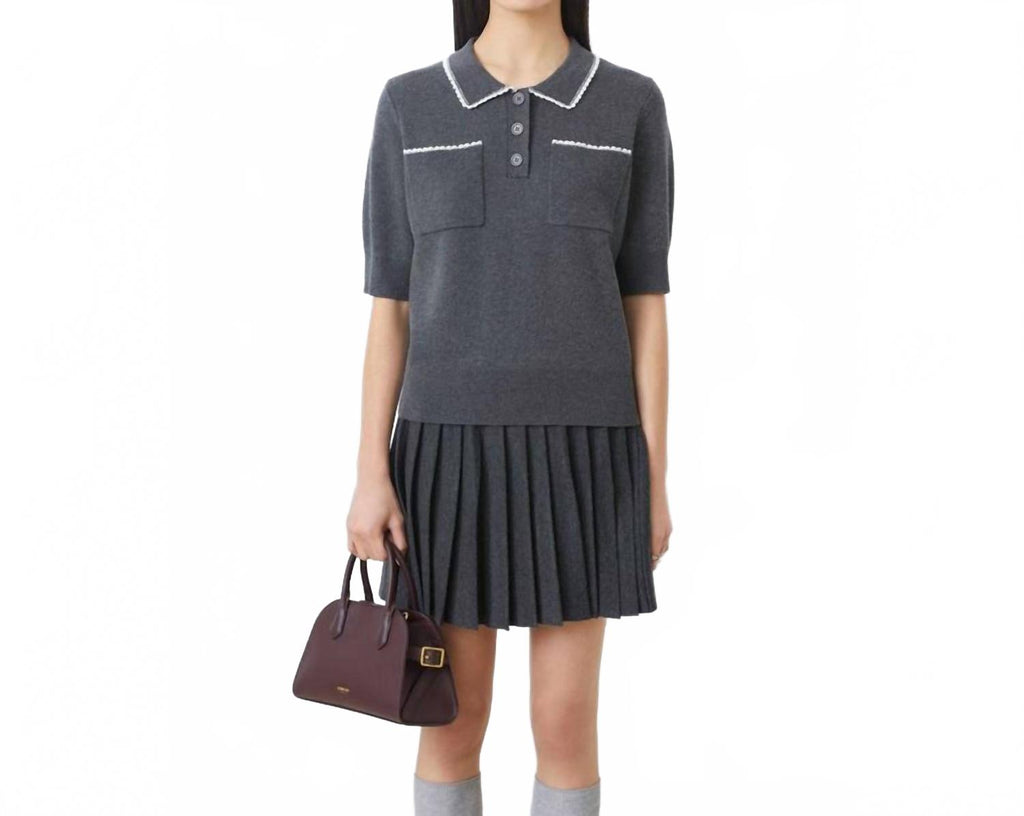 Polka Collared Knit Top In Carbone