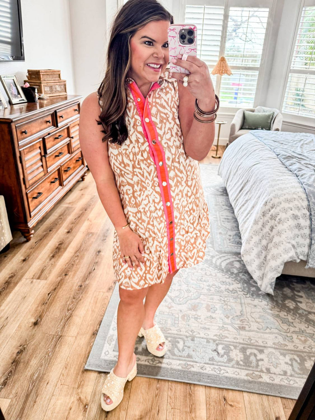 Button Up Dress In Pink And Orange