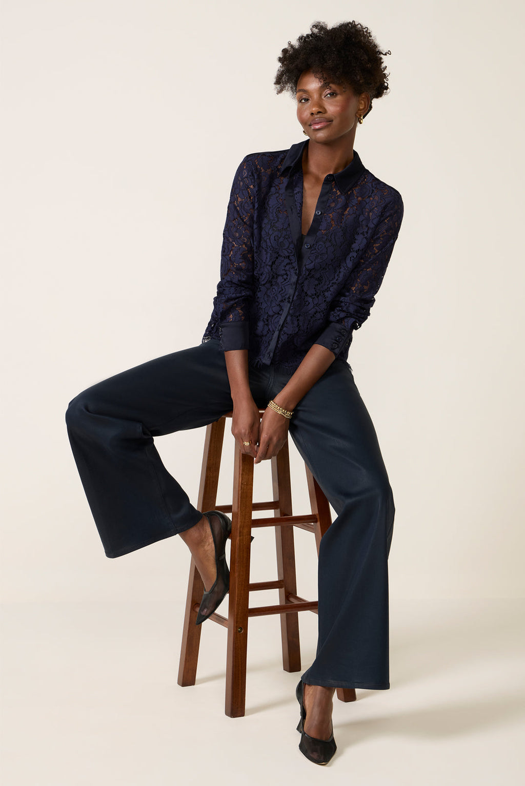 Women's Lace Contrast Button Down Shirt