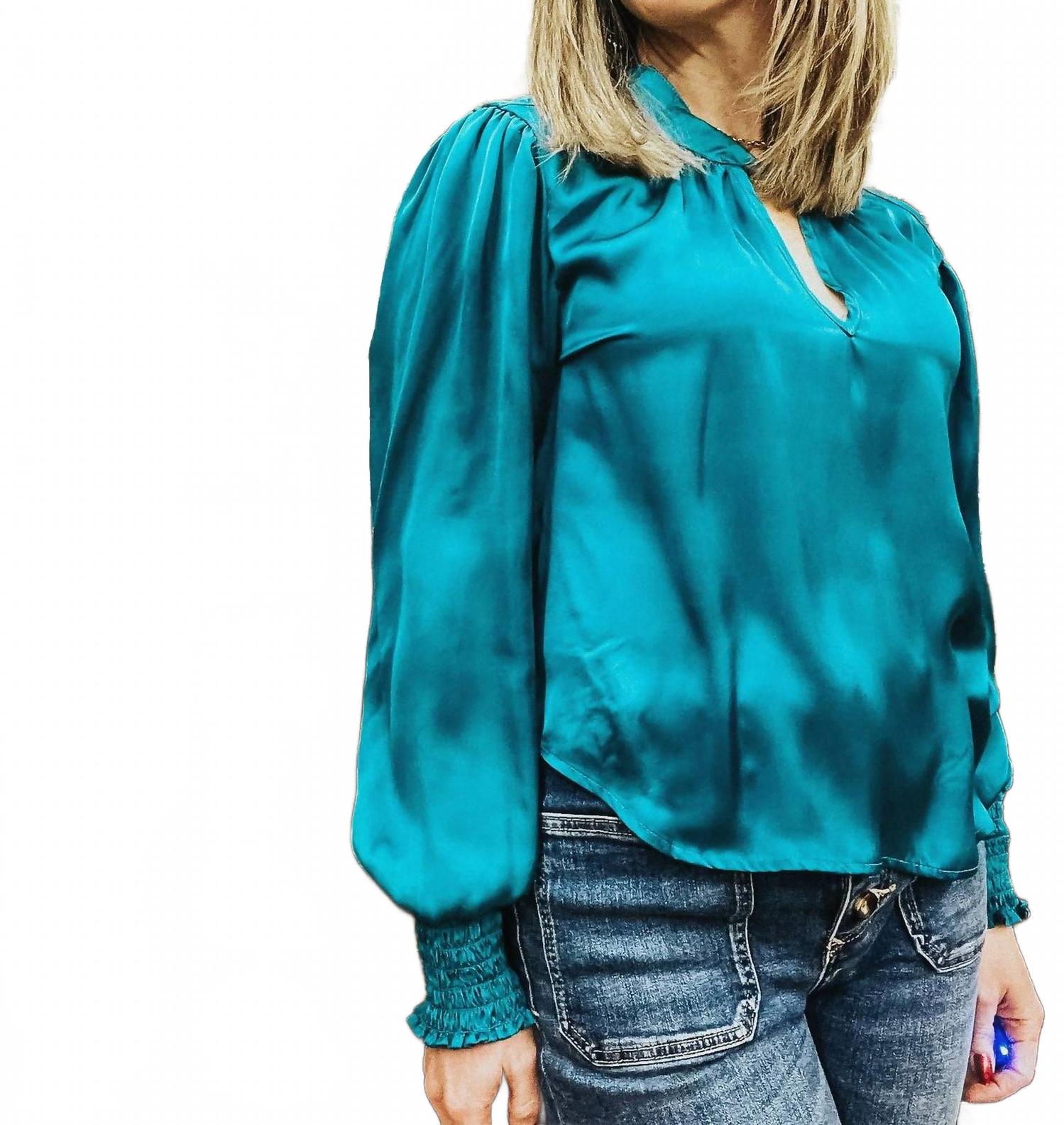 Twist Neck Long Sleeve Blouse In Teal