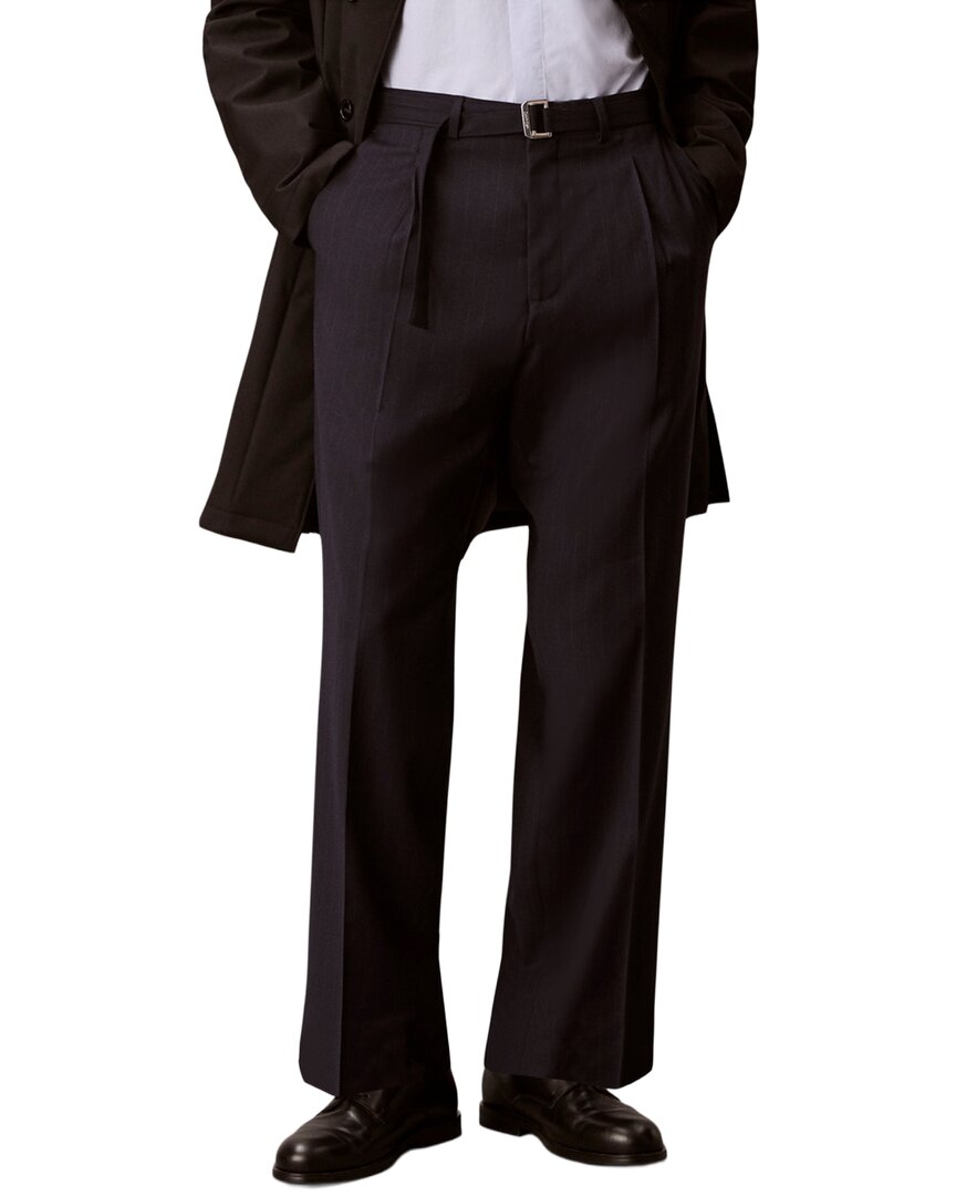 Calvin Klein Straight Wool-Blend Pinstripe Belted Trouser