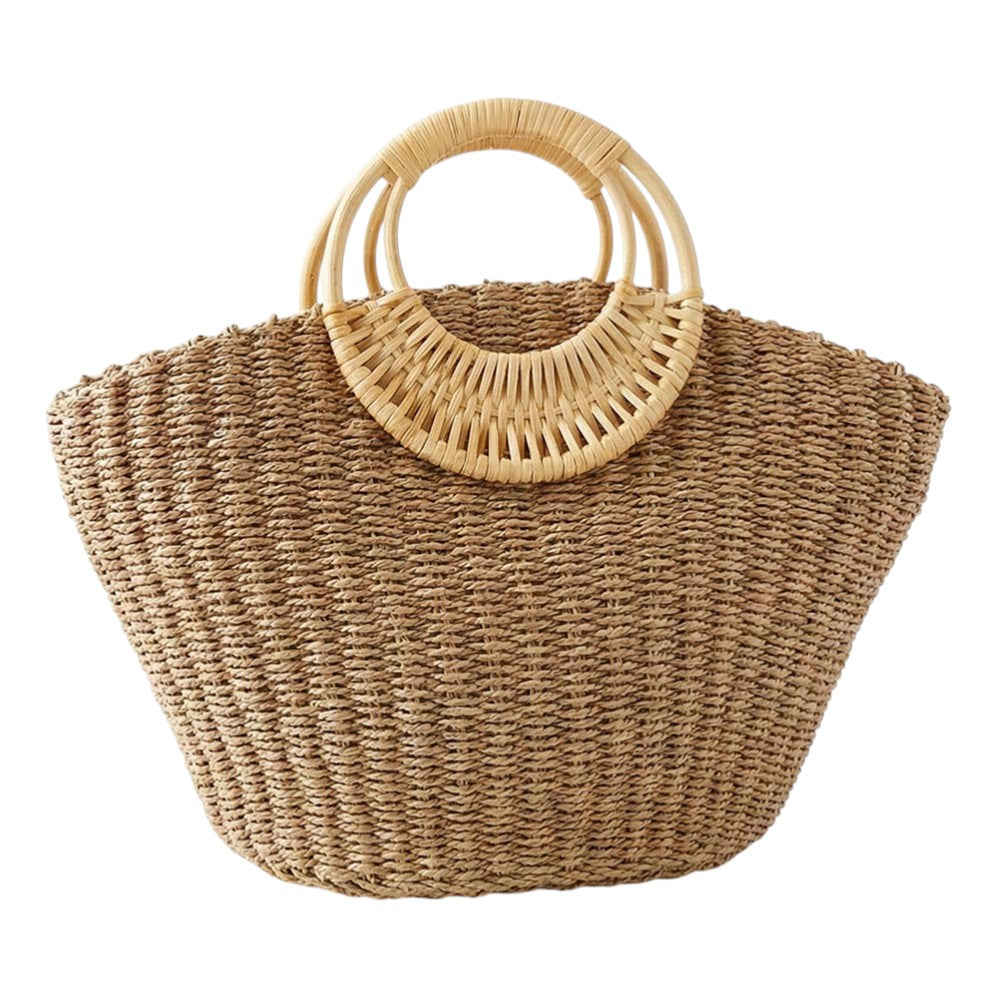 Structured Round Handle Raffia Woven Tote Handbag