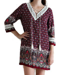 Border Print Tassel Tie Mini Dress In Burgundy