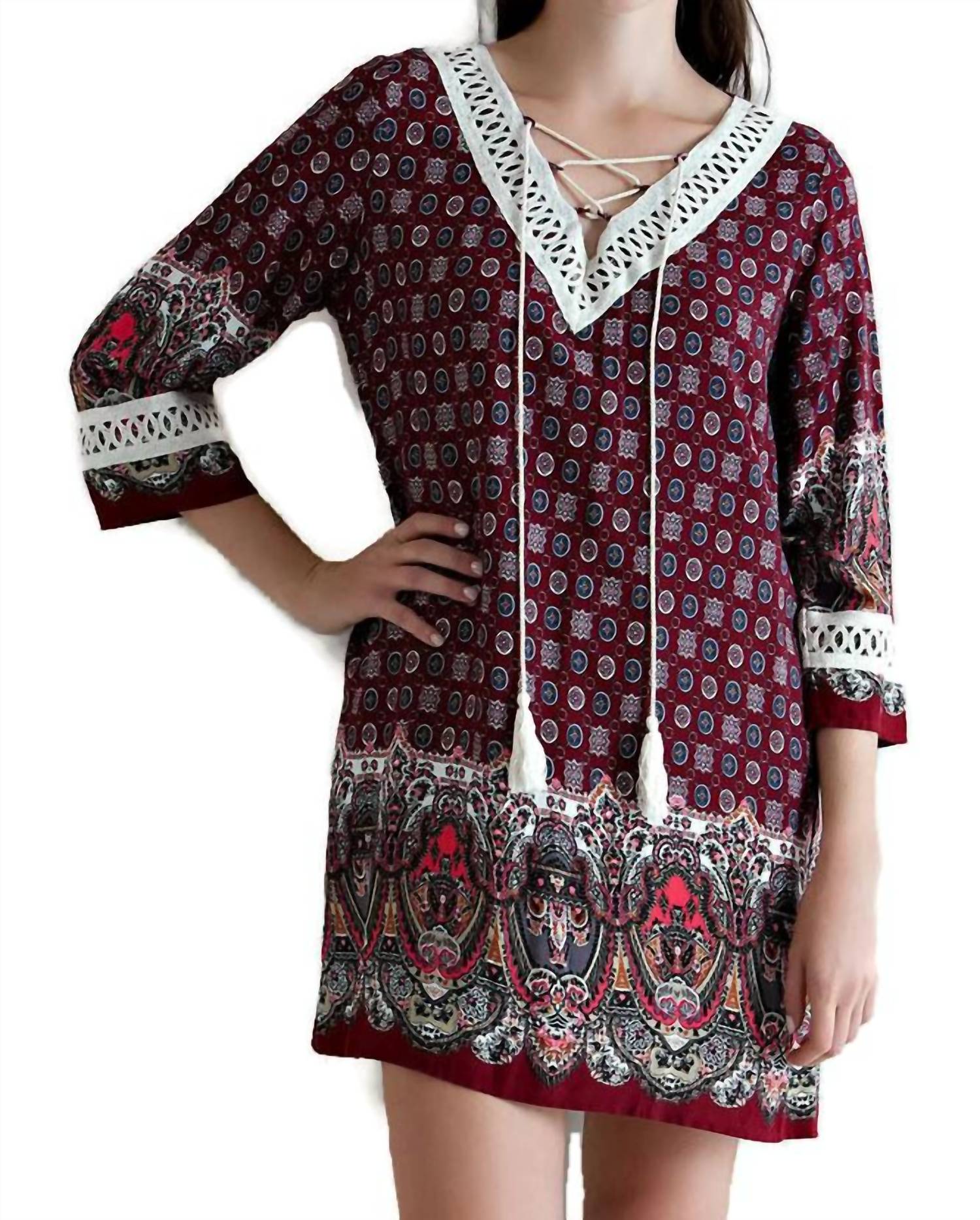 Border Print Tassel Tie Mini Dress In Burgundy