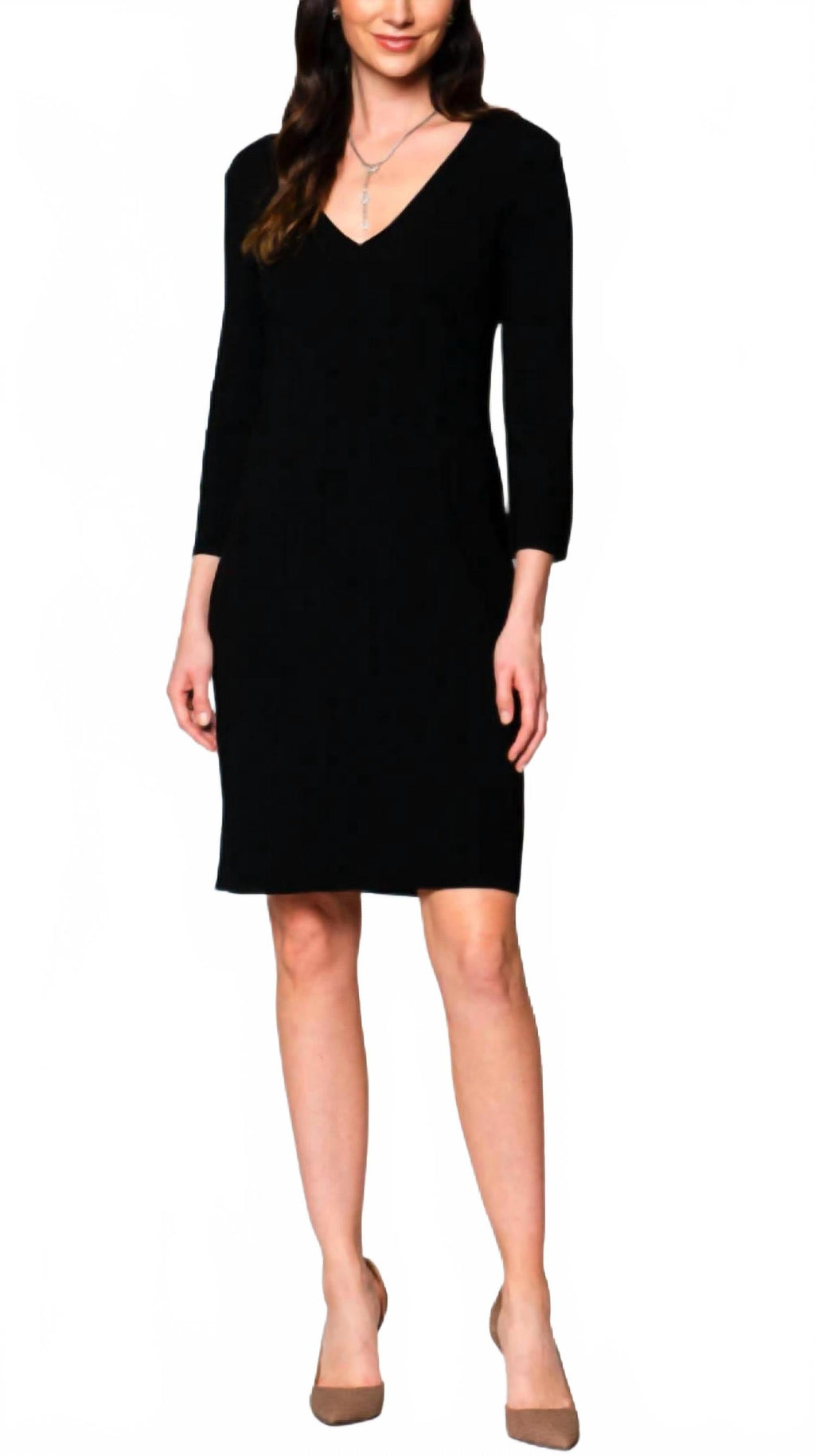 Vanessa Milano Knit Three Quarter Sleeves Sheath Midi Dress In Black