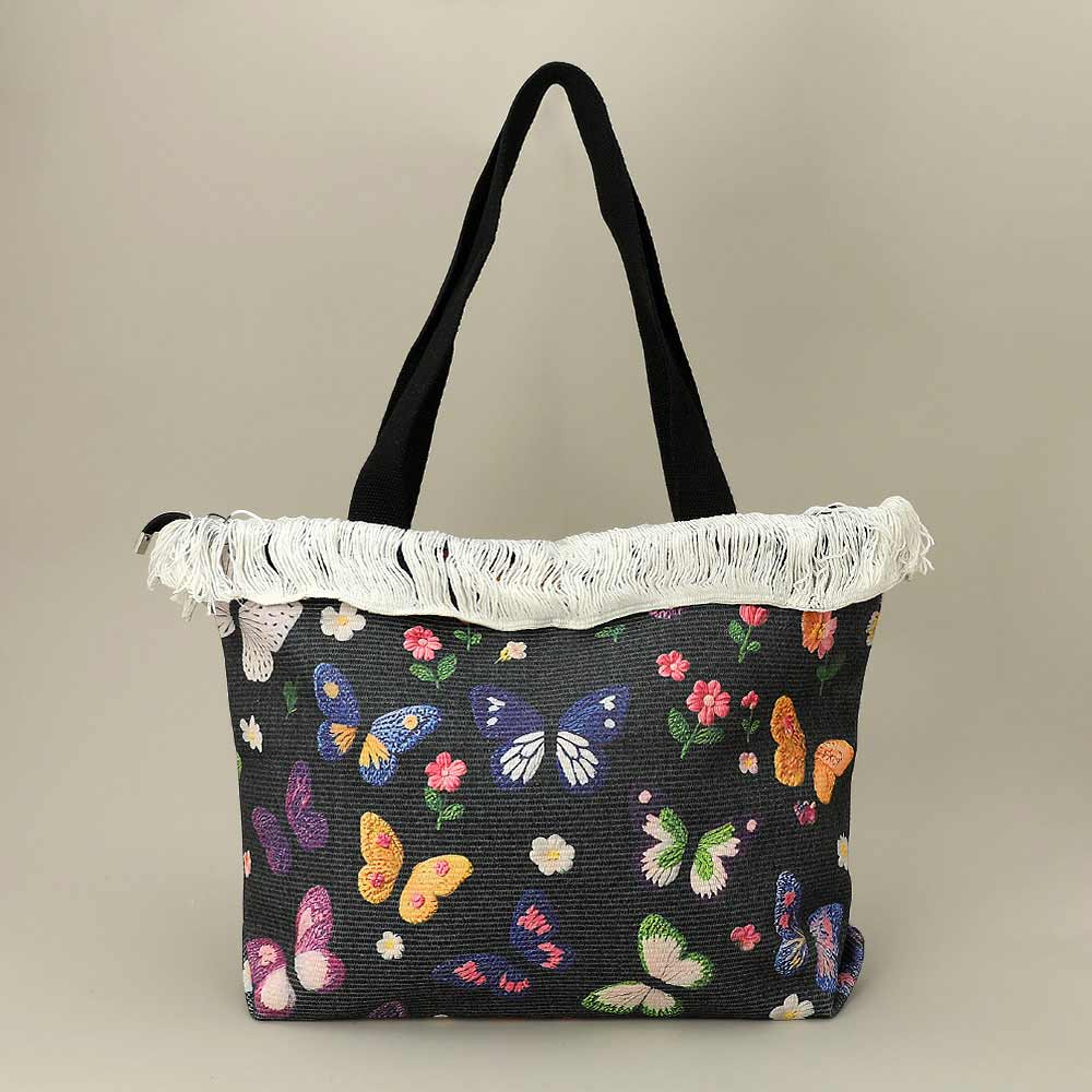 Butterfly Pattern Print Large Woven Frayed Shoulder Tote Bag