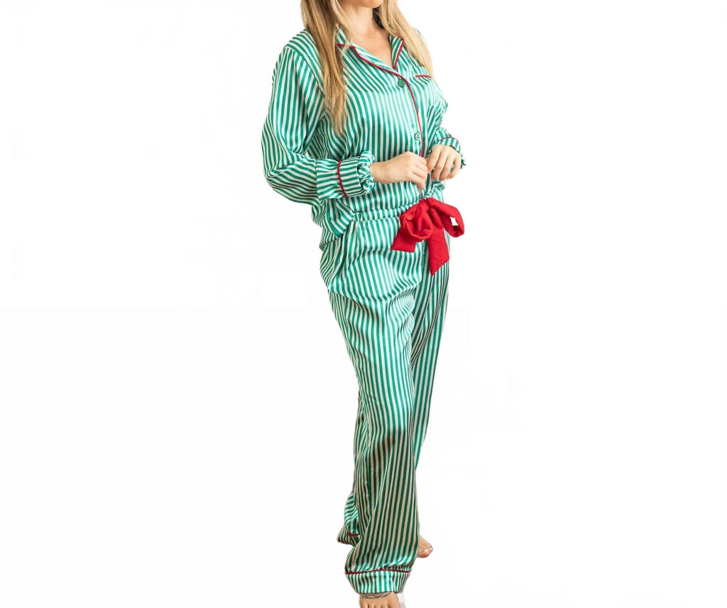 Satin Pajama Pant Set In Green Stripe