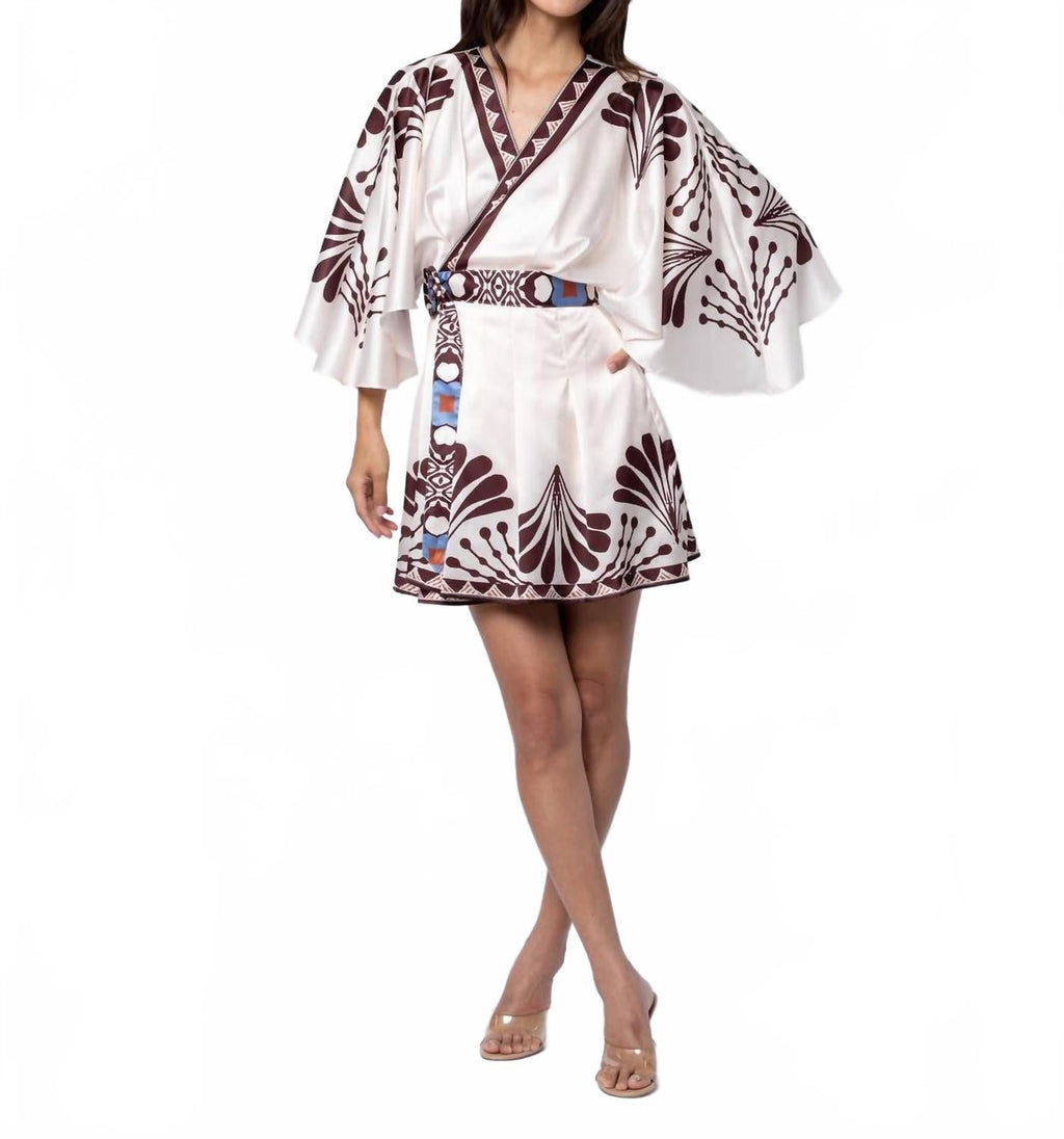 Avaele Botanical Print Mini Wrap Dress In Cream
