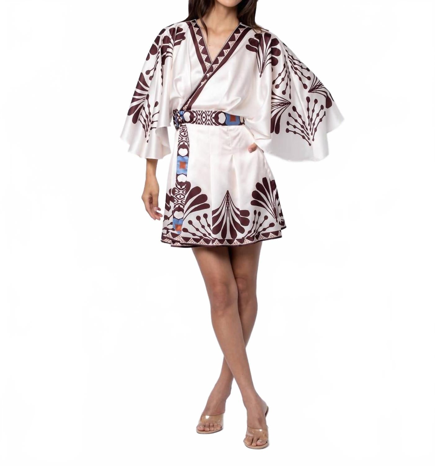 Avaele Botanical Print Mini Wrap Dress In Cream