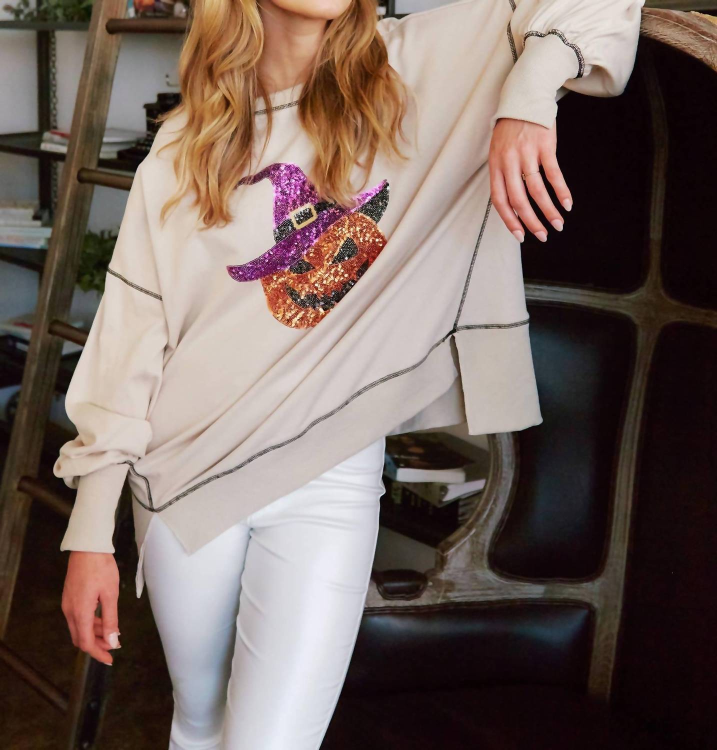 Sequin Halloween Pumpkin Patch Knit Sweatshirt In Tan
