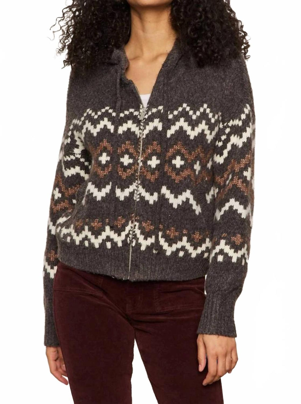 Zip Up Fair Isle Hoodie In Mocha