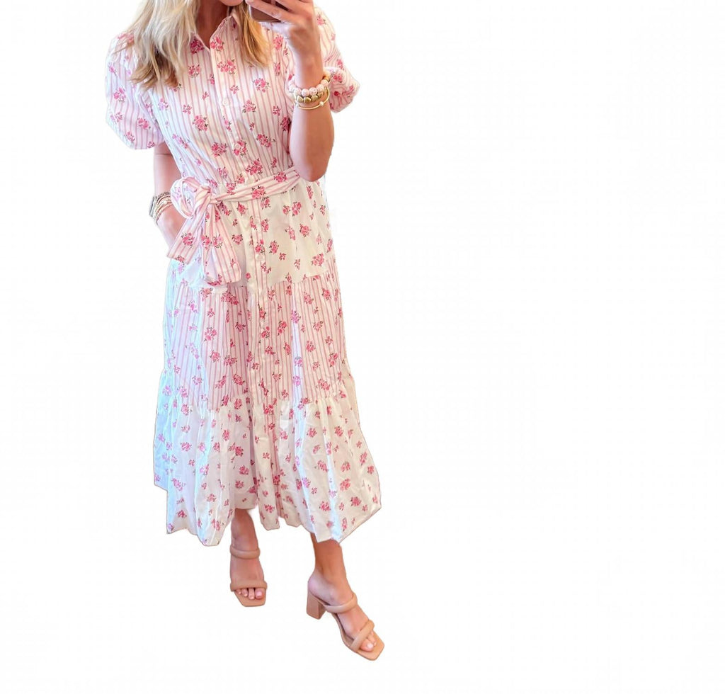 Bunches Of Flowers Block Print Midi Dress In Pink