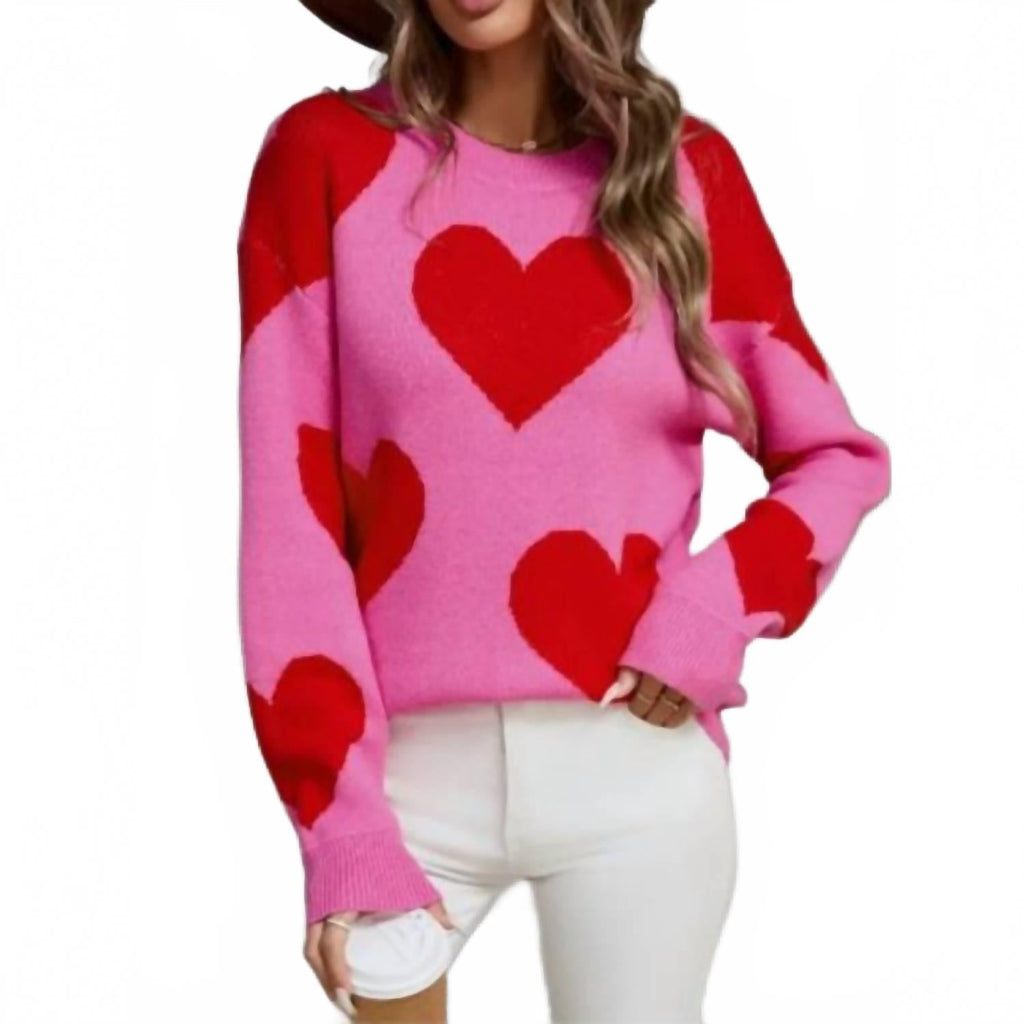 Heart Knit Sweater Pullover In Pink