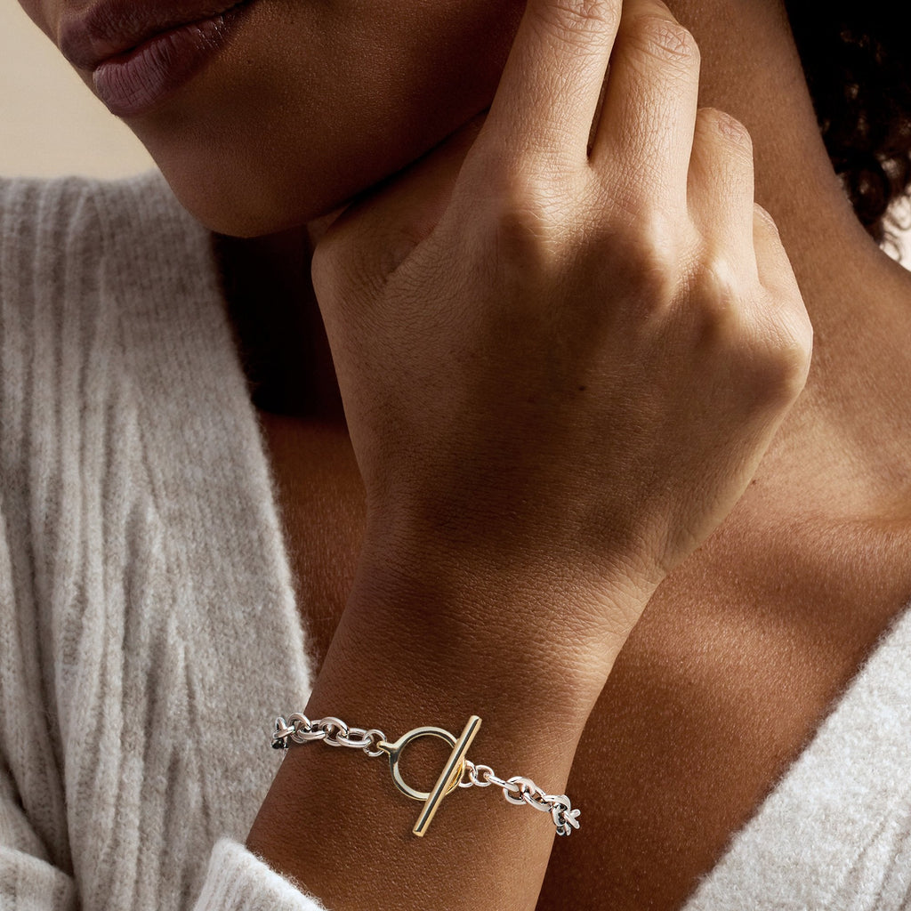 Ross-Simons Sterling Silver and 18kt Gold Over Sterling Cable-Chain Toggle Bracelet