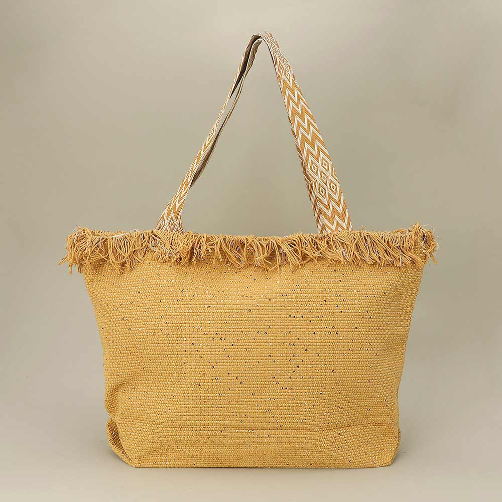Sequin Embellished Large Woven Frayed Shoulder Tote Bag