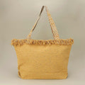 Sequin Embellished Large Woven Frayed Shoulder Tote Bag