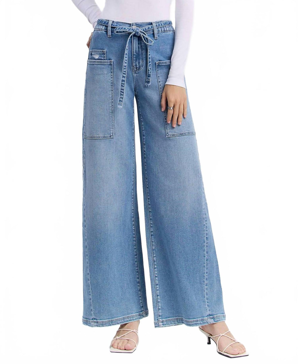 Carmen High Rise Elastic Tie Waistband Baggy Wide Jeans In Light Wash