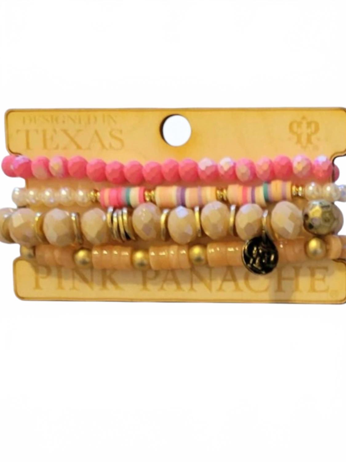 Women's Stretch Stack Bracelet Set In Pink Pearl/taupe/tan Beaded