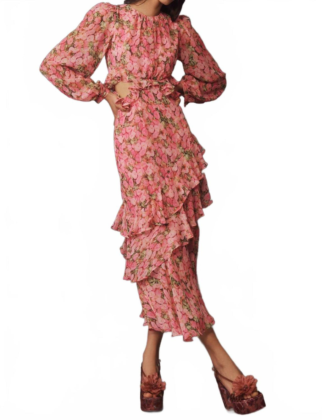 Floral Ruffled Maxi Dress In Pink/multi