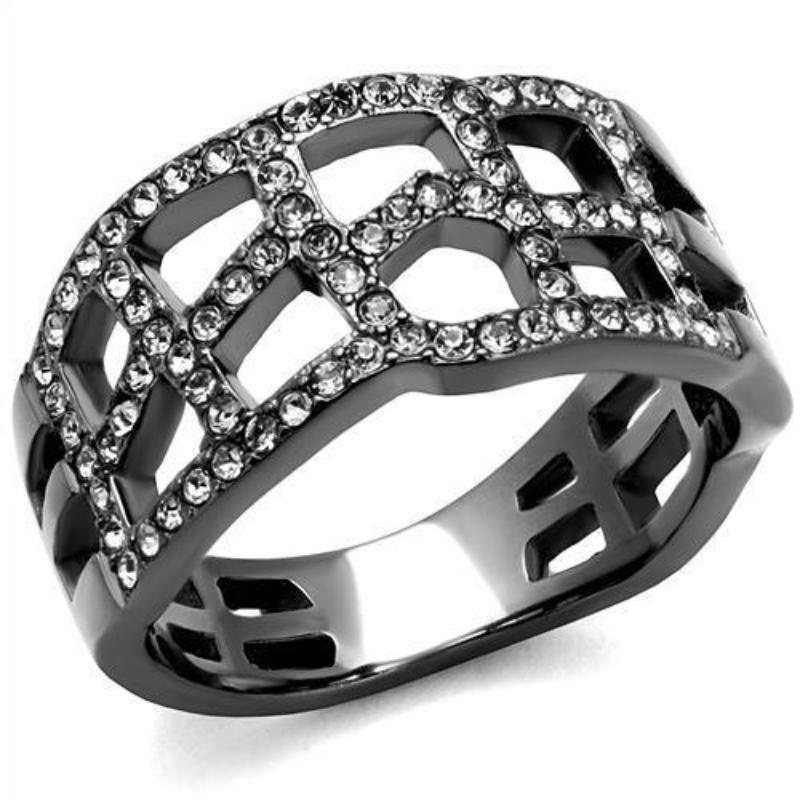IP Light Black Stainless Steel Ring with Top Grade Crystal in Black Diamond