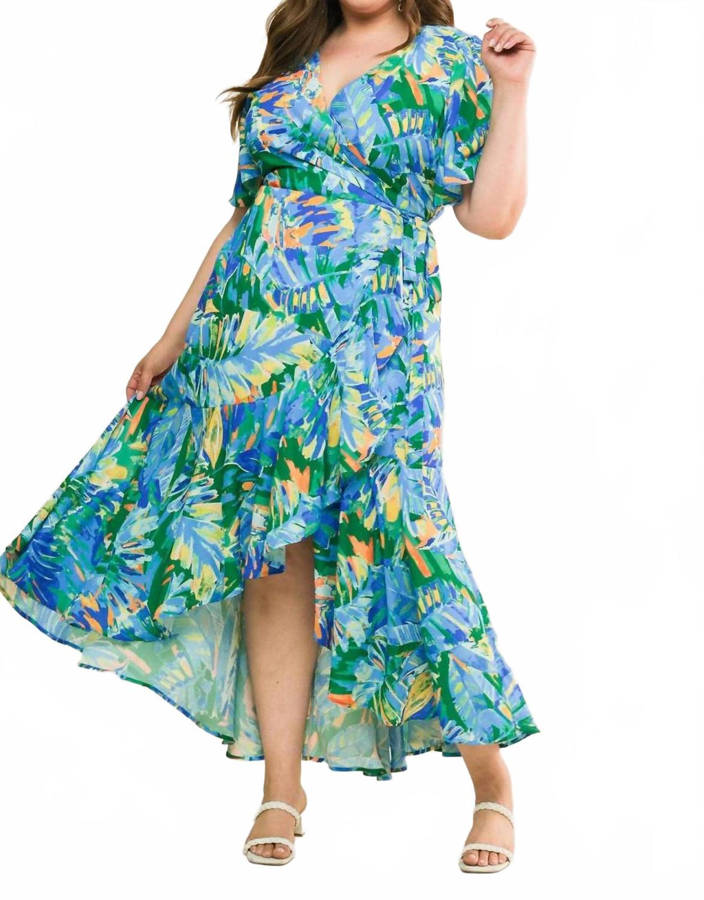 Woven High Low Dress In Blue/green