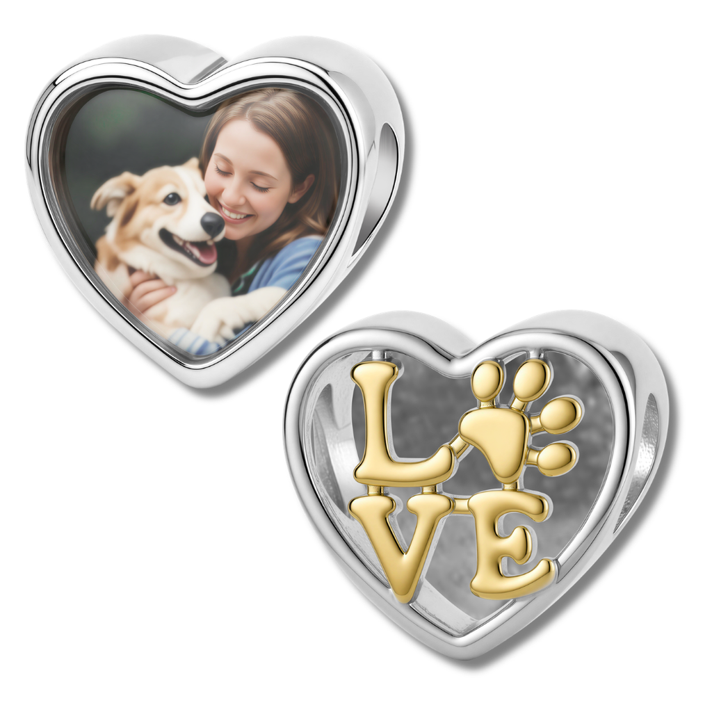 Personalized Pet Photo & Paw Print Love Heart Charm