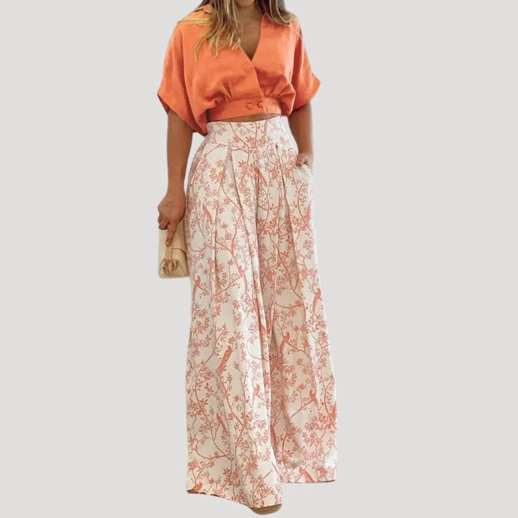 V-Neck Short Shirt And Wide Leg Pants Set In Light Orange