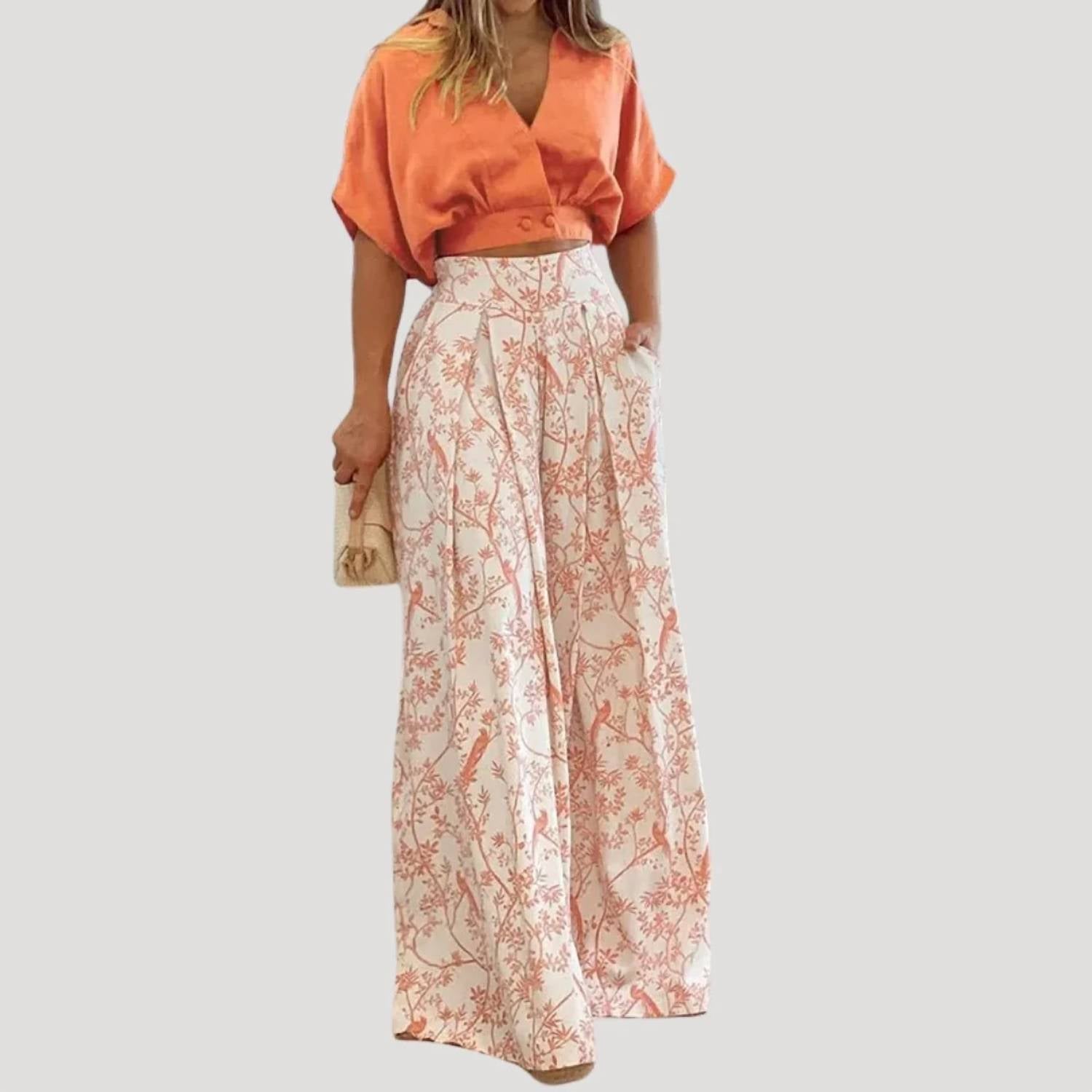 V-Neck Short Shirt And Wide Leg Pants Set In Light Orange