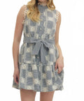Lacy And Gingham Sleeveless Mini Dress In Navy Blue