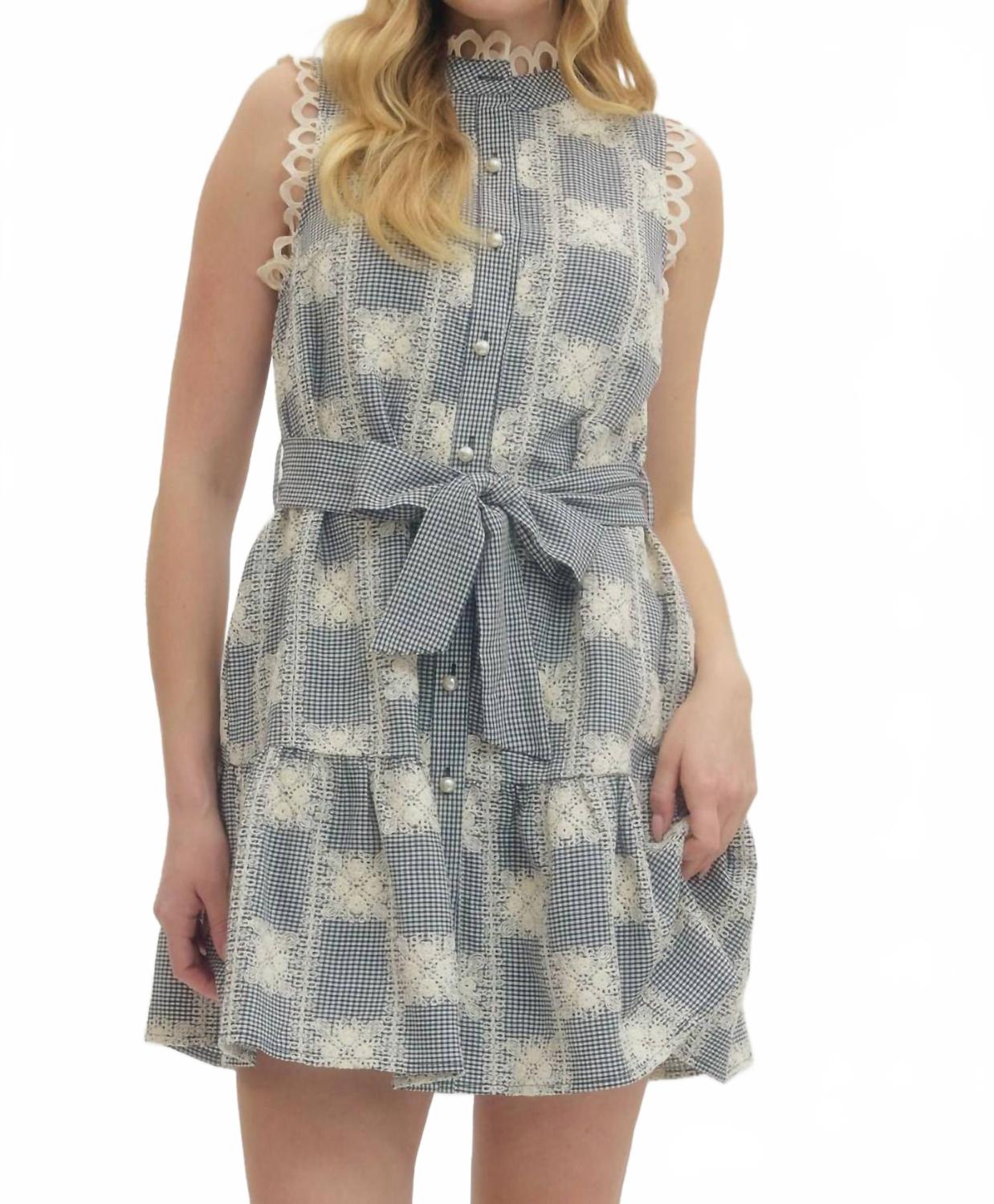 Lacy And Gingham Sleeveless Mini Dress In Navy Blue