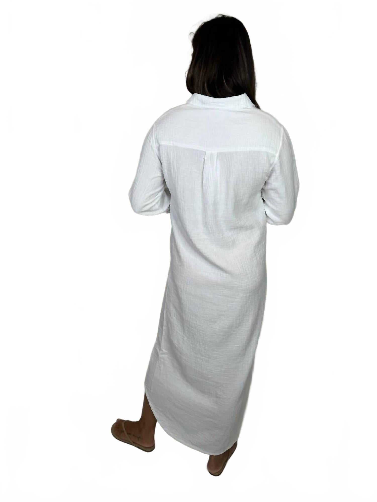 Button Front Maxi Shirt Dress In White