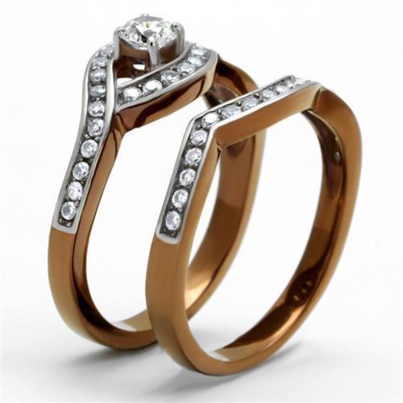 Two Tone IP Light Brown (IP Light coffee) Stainless Steel Ring with AAA Grade CZ in Clear
